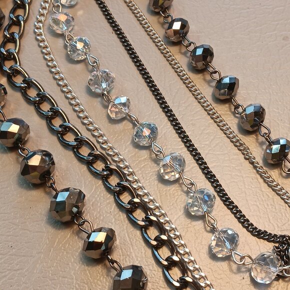 Chico's silver tone & gun metal tone AB coated bead & chain multi layer necklace - Picture 3 of 9